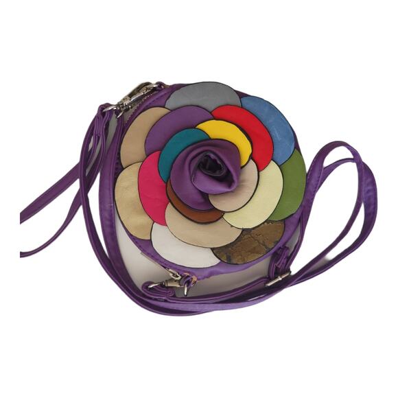 Multicolored Flower Purse Round Wristlet Shoulder Strap Purple Zip Pocket - Picture 1 of 7